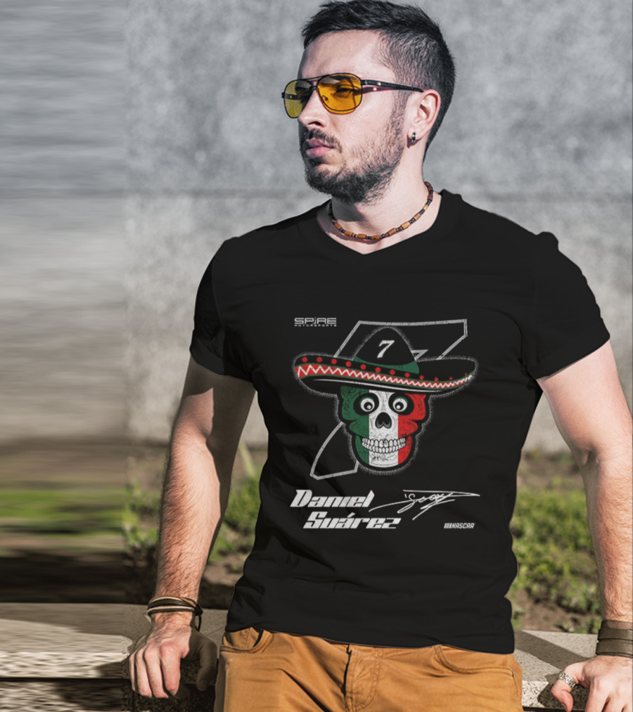 Daniel Suarez 7 Signature Skull Sombrero Spire Motorsports NASCAR T-Shirt