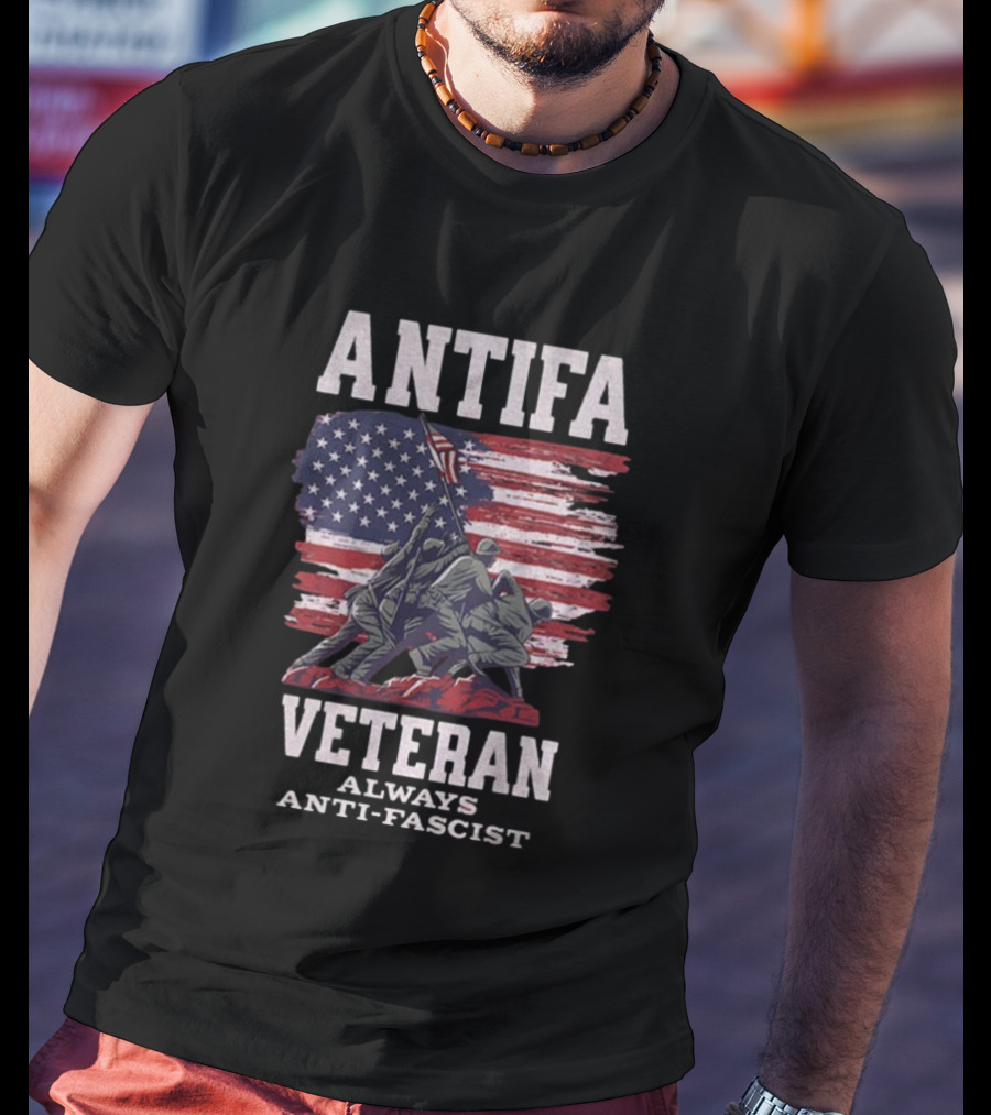 Antifa Veteran Always Anti-Fascist American Flag Iwo Jima Scene T-Shirt