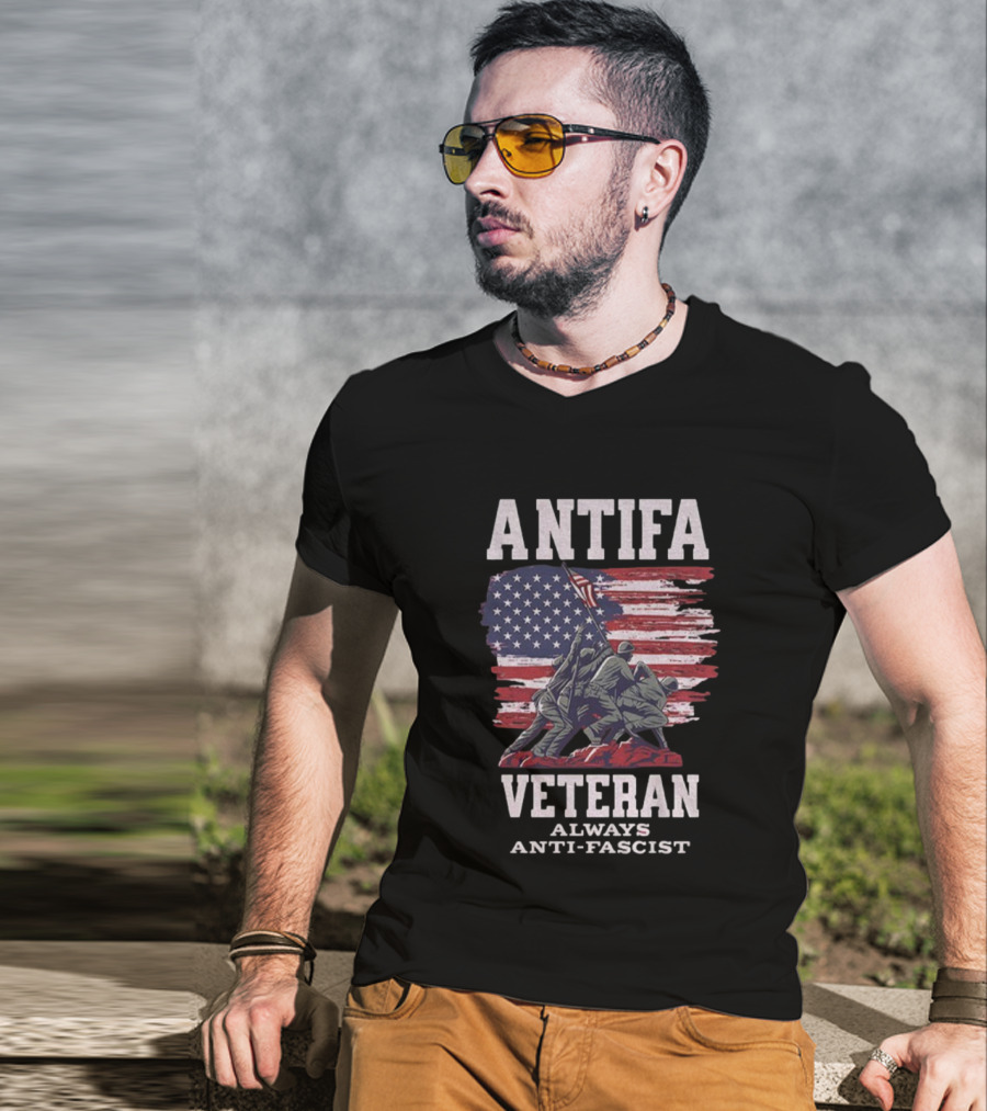 Antifa Veteran Always Anti-Fascist American Flag Iwo Jima Scene T-Shirt