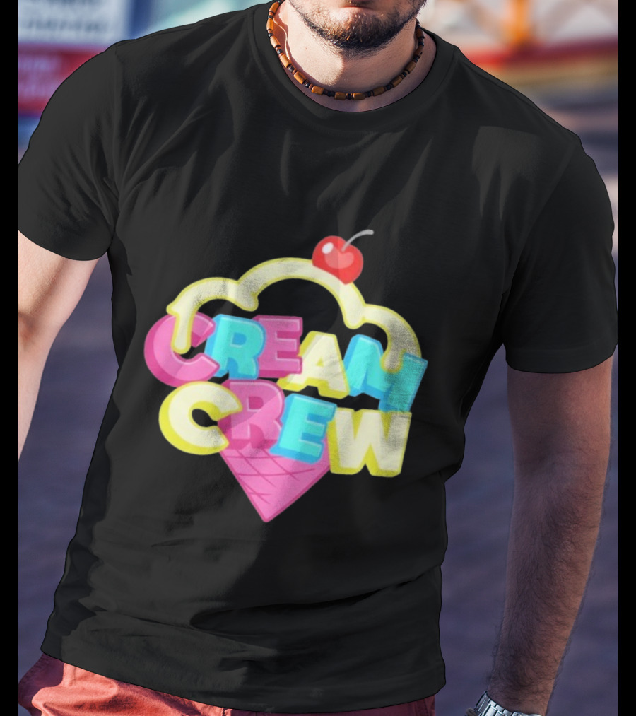 CREAM CREW Ice Cream Cone Cherry Top Colorful Text T-Shirt