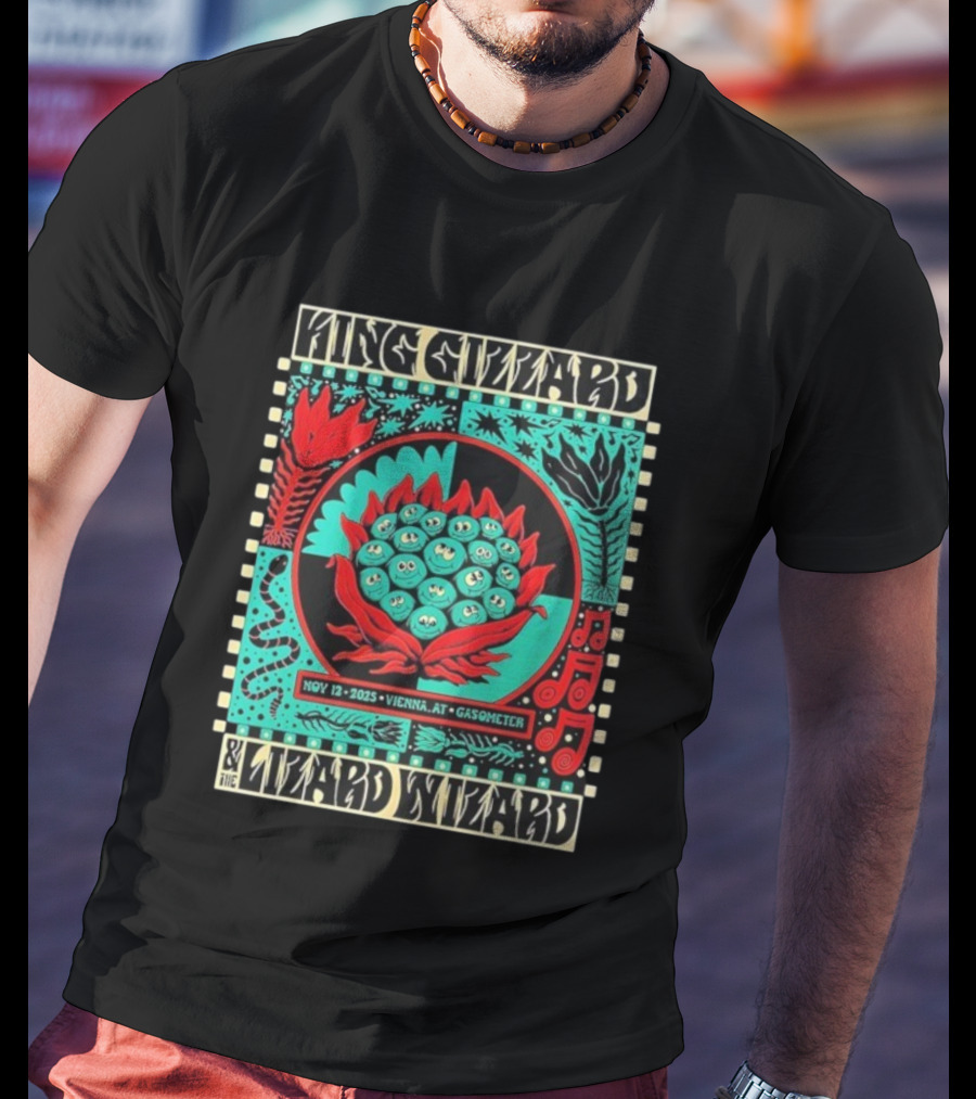 King Gizzard And The Lizard Wizard Vienna Austria November 12 2025 Event At Gasometer Music Notes And Floral Illustration T-Shirt