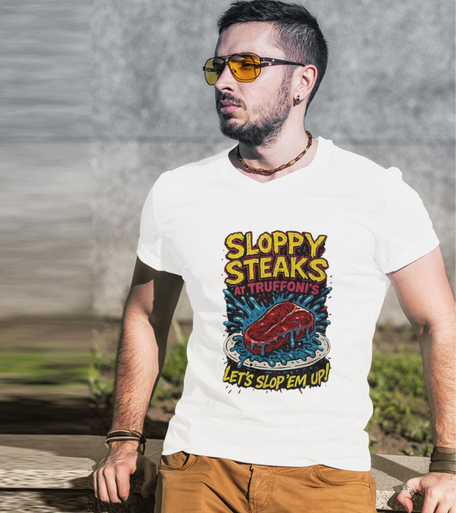 Sloppy Steaks At Truffoni’s Let’s Slop ’Em Up Steak Splash T-Shirt