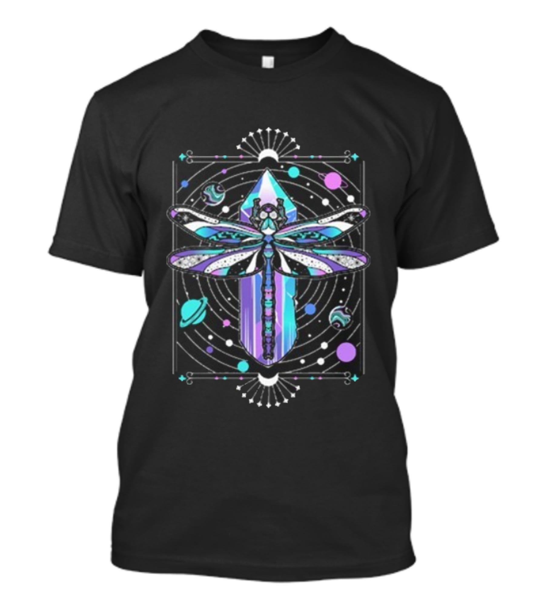 Inzo Soft Landing Psychedelic Dragonfly Crystal Space Planets T-Shirt