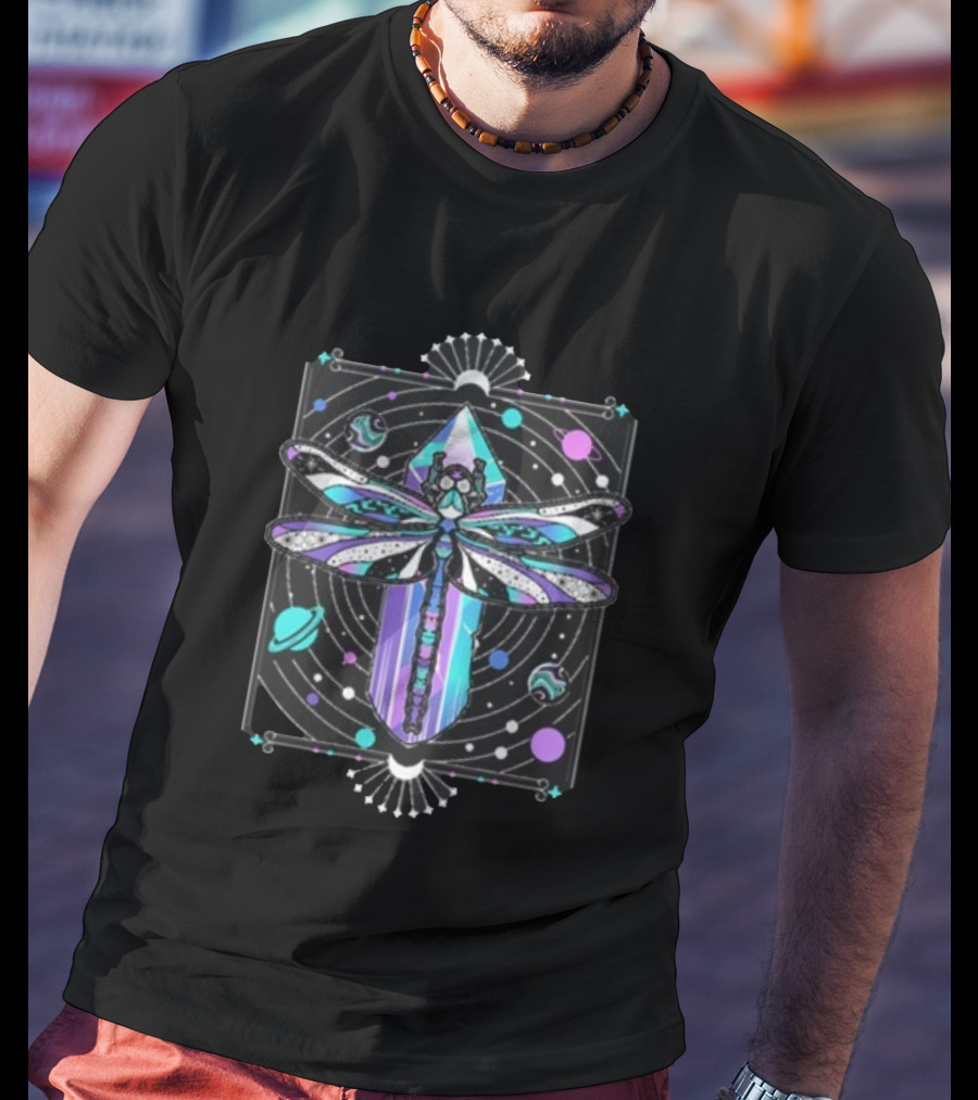 Inzo Soft Landing Psychedelic Dragonfly Crystal Space Planets T-Shirt