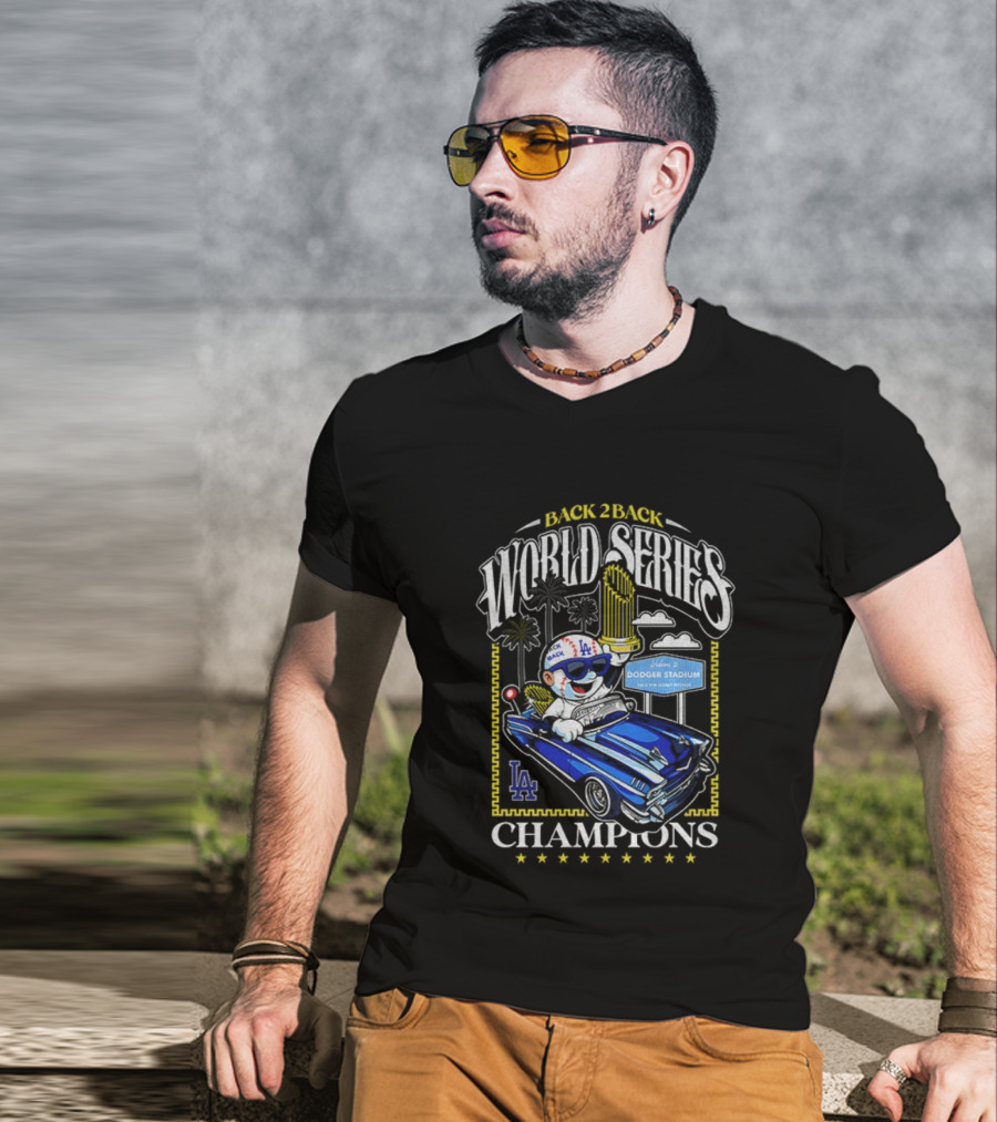 Back 2 Back World Series Champions Los Angeles Dodgers Dodger Stadium Vintage Car Celebration T-Shirt