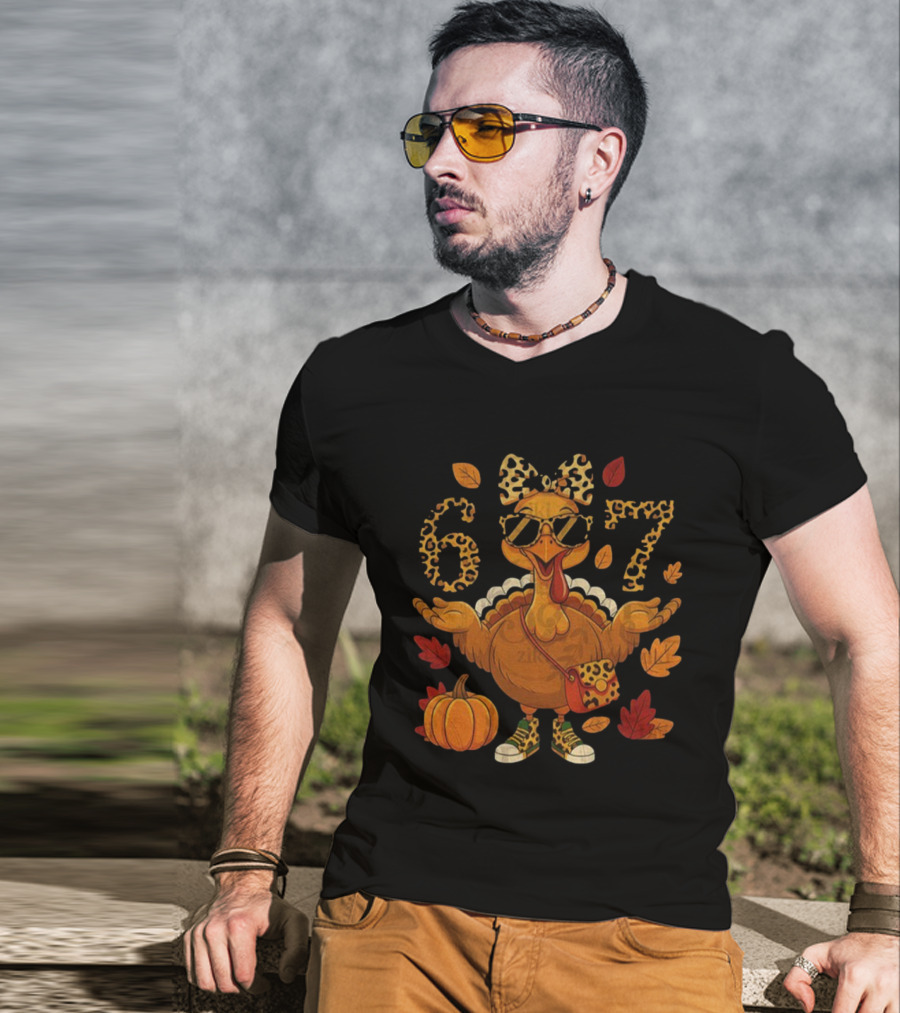 Boujee Turkey Leopard Bow 6 7 Meme Happy Thanksgiving Fall T-Shirt