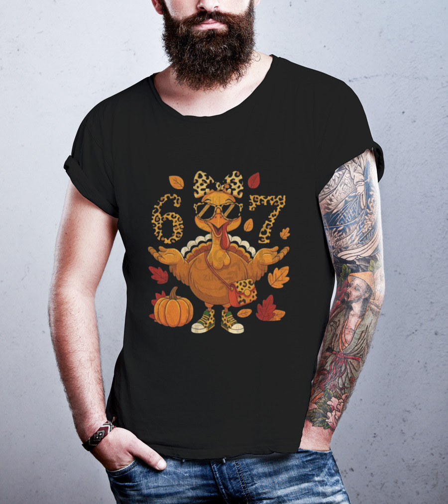 Boujee Turkey Leopard Bow 6 7 Meme Happy Thanksgiving Fall T-Shirt