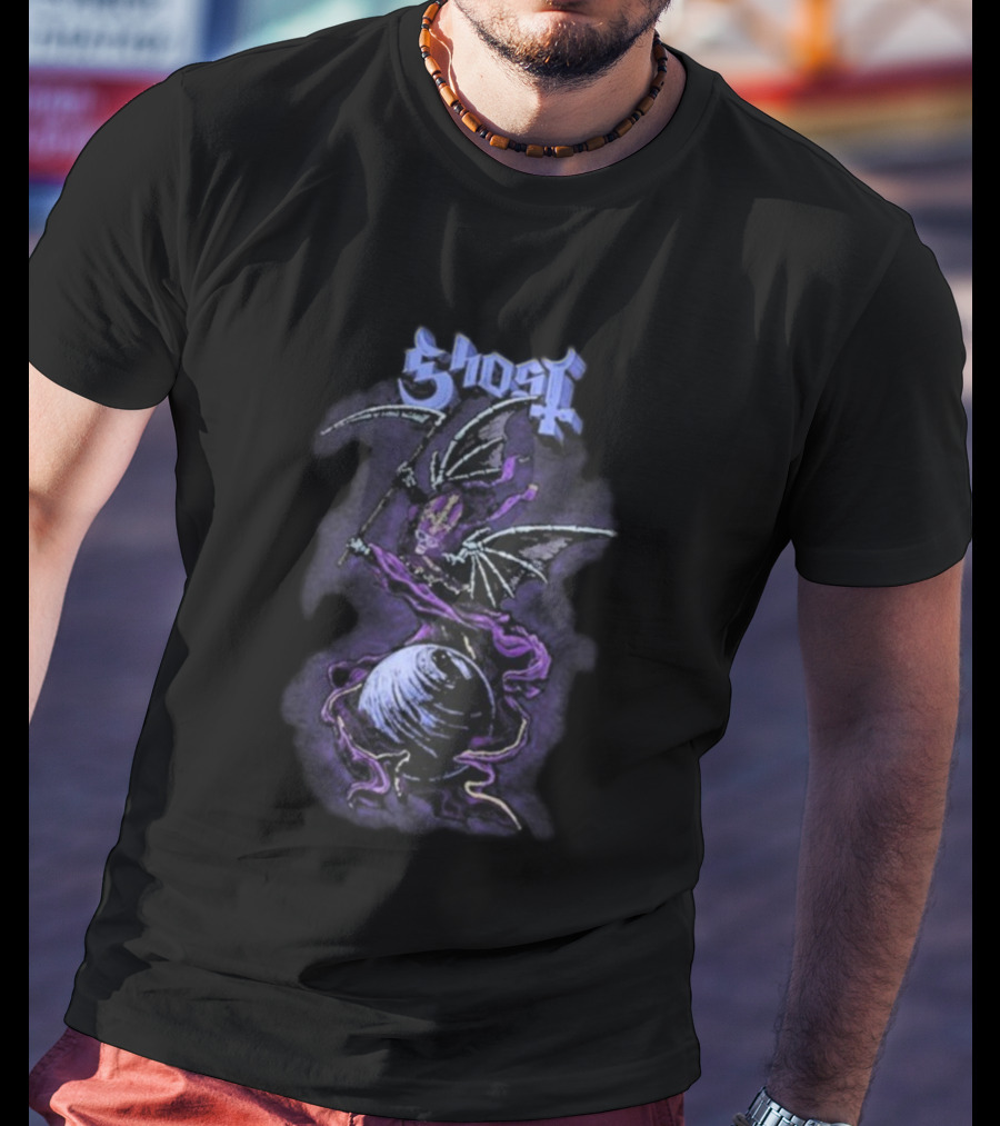 Ghost Papa V Perpetua Grim Reaper Purple Bat Wings Earth Scythe T-Shirt