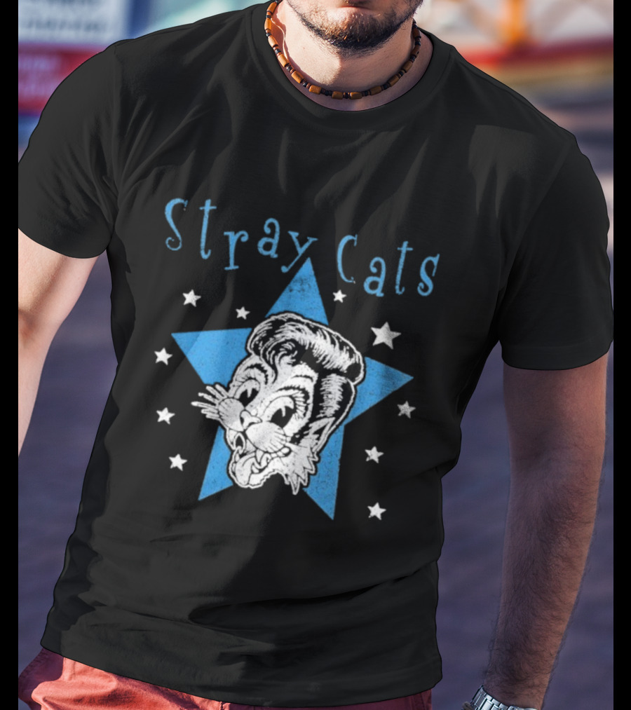 Stray Cats Rockabilly Star Cartoon Face With Blue Star T-Shirt