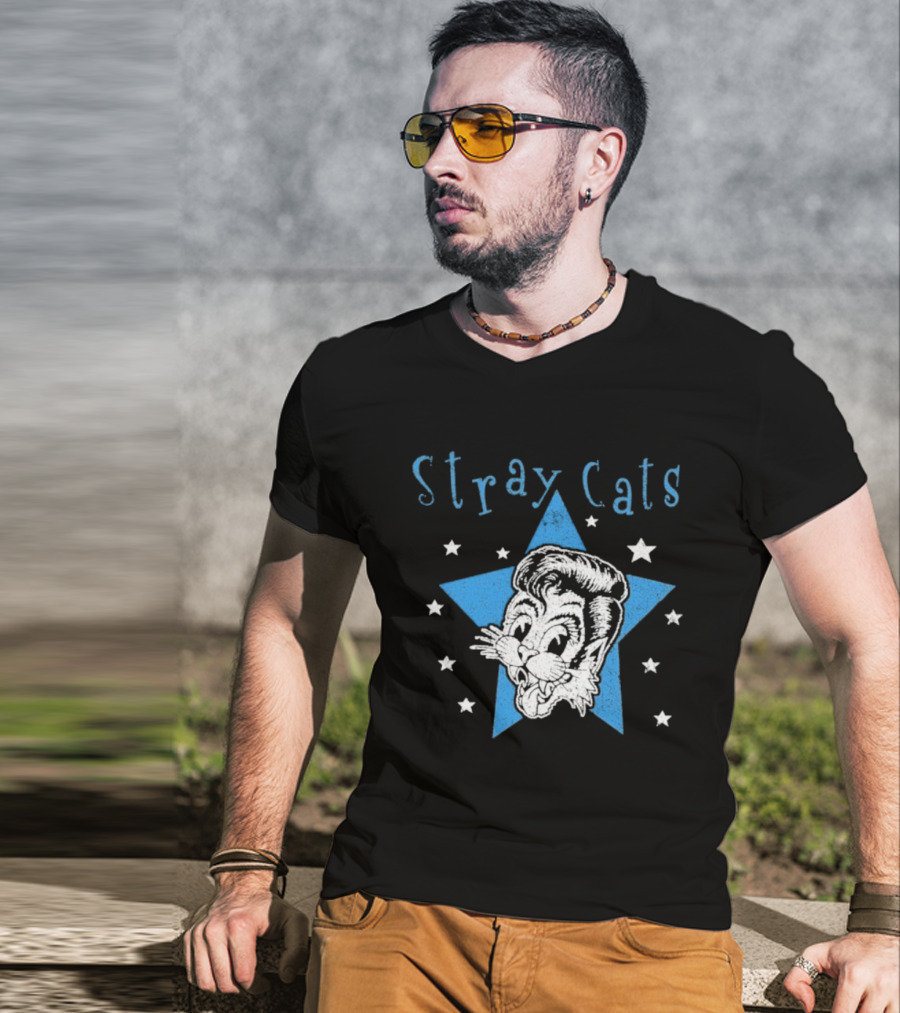 Stray Cats Rockabilly Star Cartoon Face With Blue Star T-Shirt