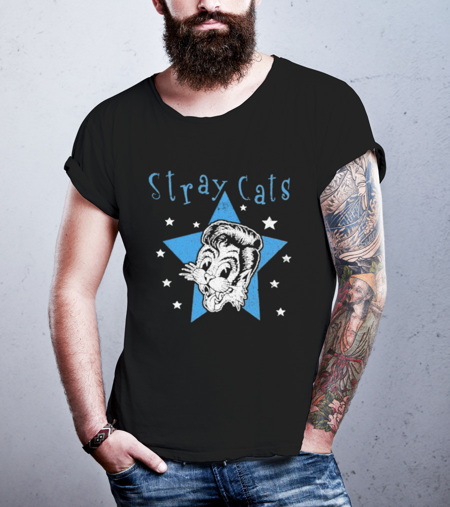 Stray Cats Rockabilly Star Cartoon Face With Blue Star T-Shirt