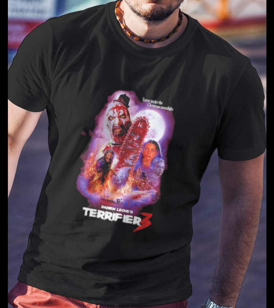Damien Leone's Terrifier 3 Under The Christmas Moonlight Chainsaw Clown Horror T-Shirt
