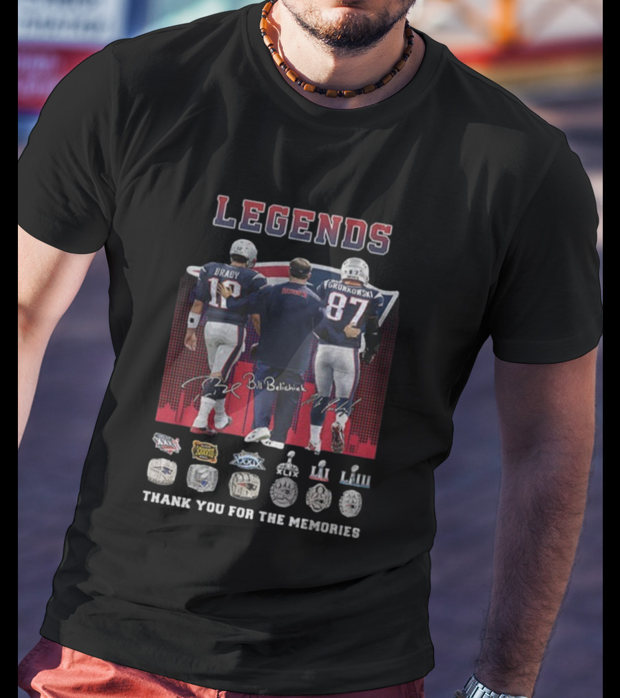 LEGENDS Brady Gronkowski Belichick New England Patriots Thank You For The Memories NFL Rings T-Shirt