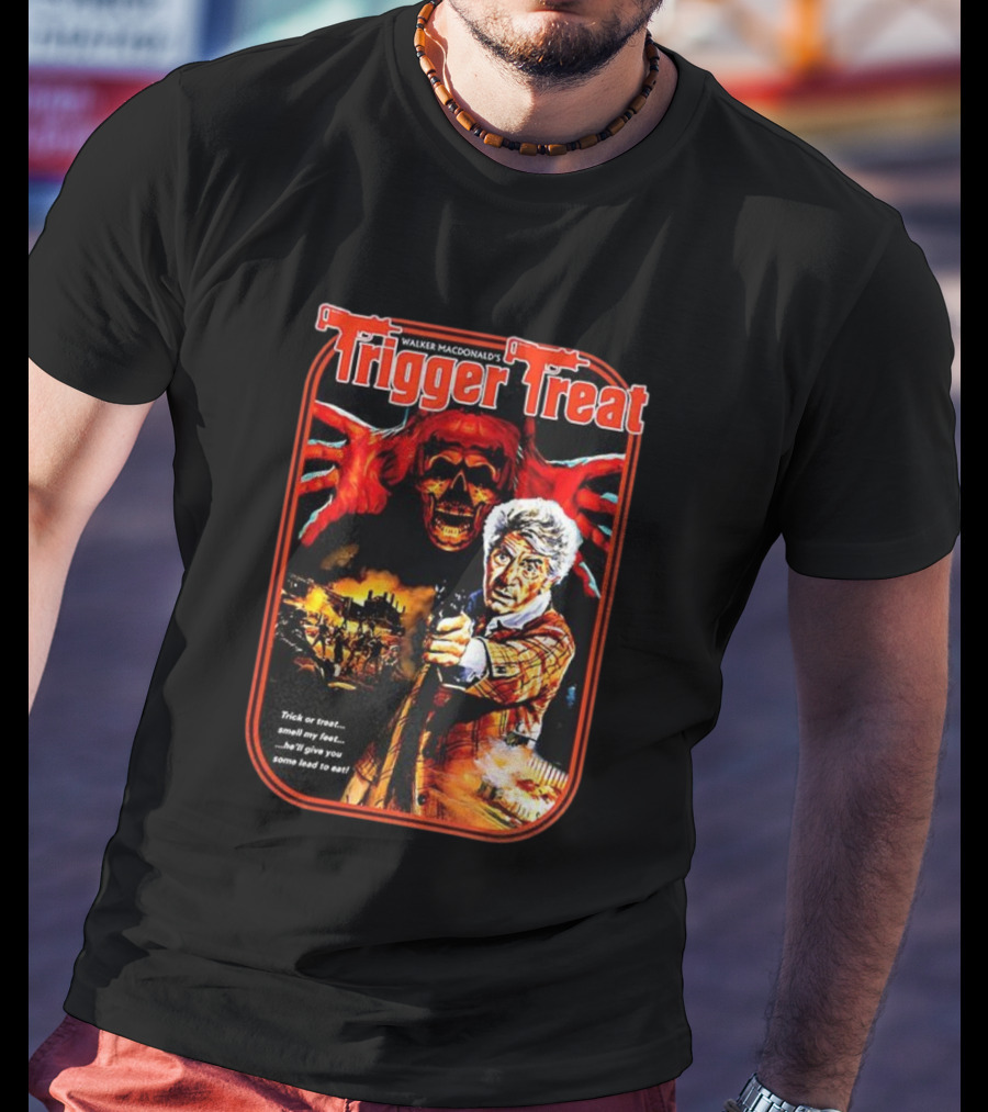 Walker Macdonald’s Trigger Treat Trick Or Treat Horror Skull And Shooter Scene T-Shirt