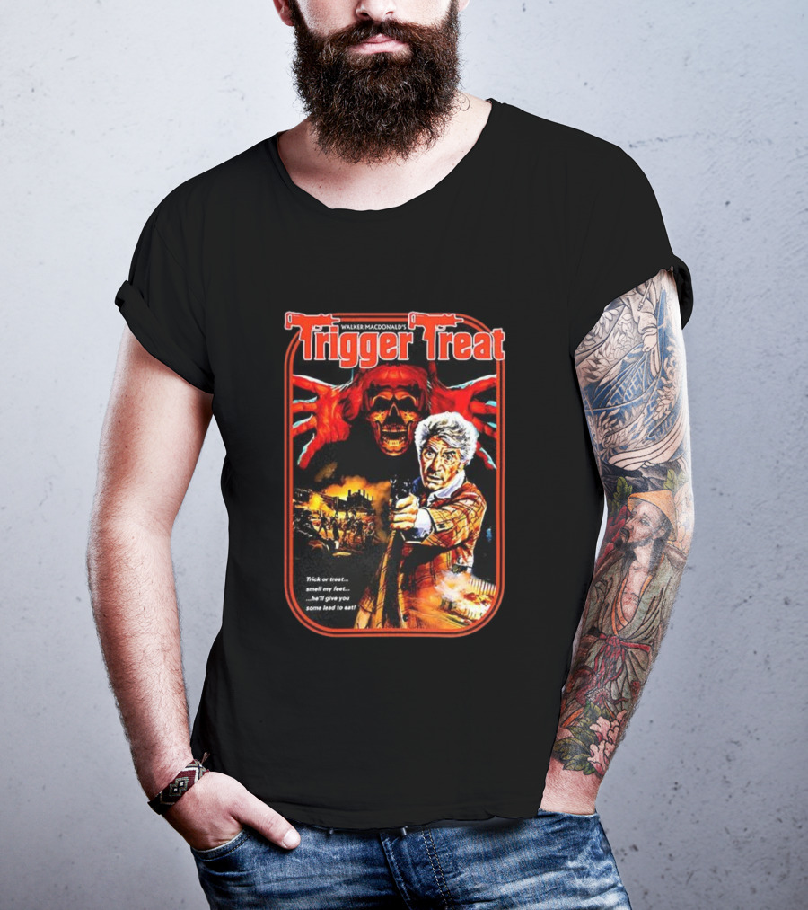 Walker Macdonald’s Trigger Treat Trick Or Treat Horror Skull And Shooter Scene T-Shirt