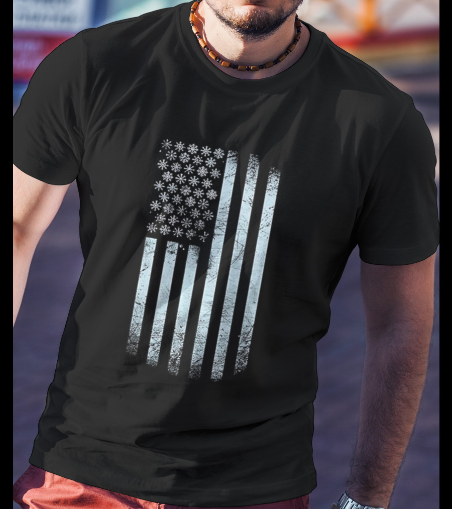 Winter Snowflakes American Flags Blue Stripe USA T-Shirt