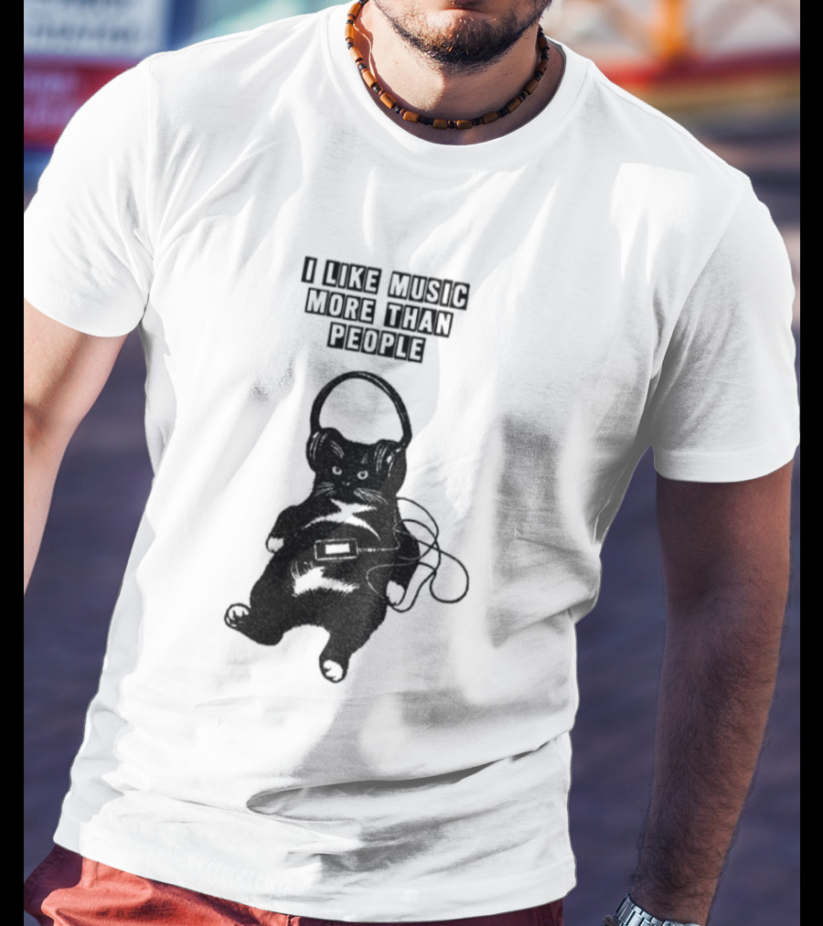 Black Cat With Headphones I Like Music More Than People T-Shirt