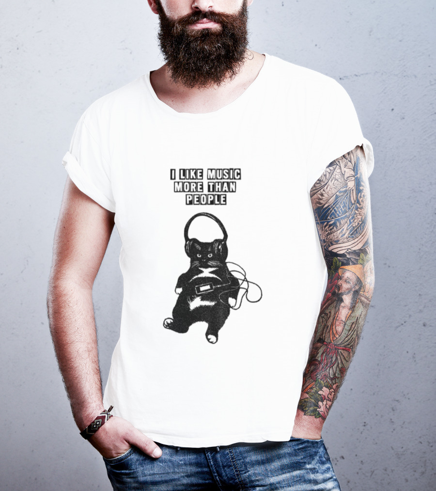 Black Cat With Headphones I Like Music More Than People T-Shirt