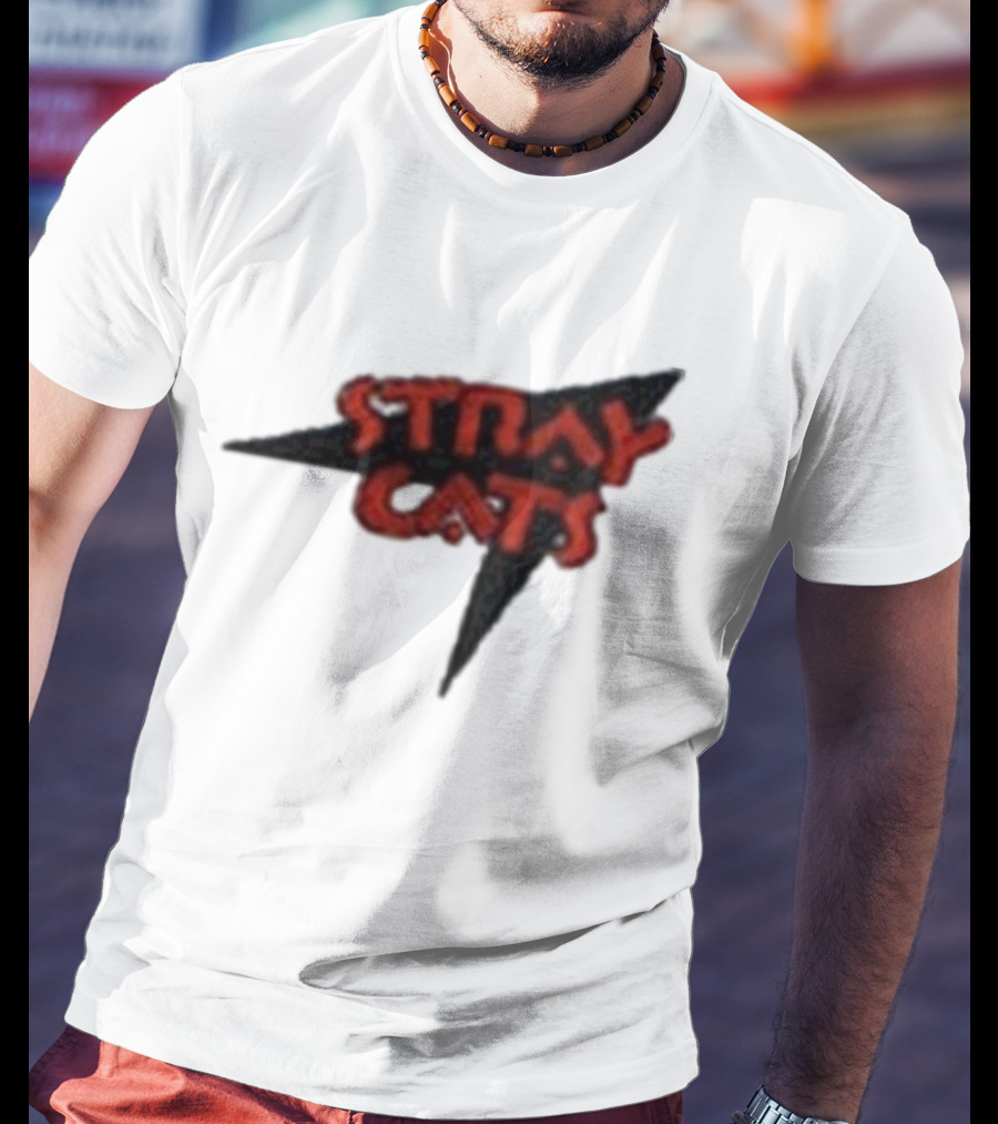 Stray Cats Rockabilly Band Red Text With Black Starburst Background T-Shirt