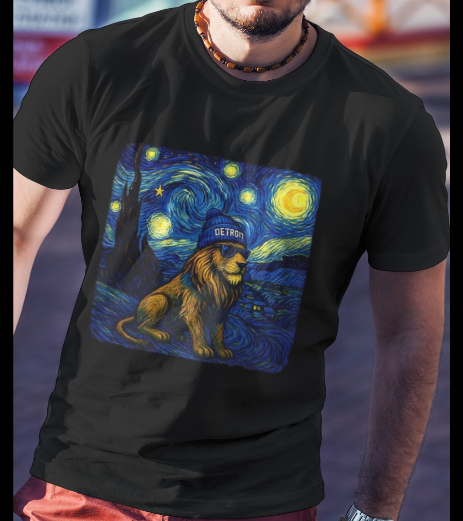 Detroit Lions Starry Night Van Gogh Style Lion With Beanie And Sunglasses T-Shirt