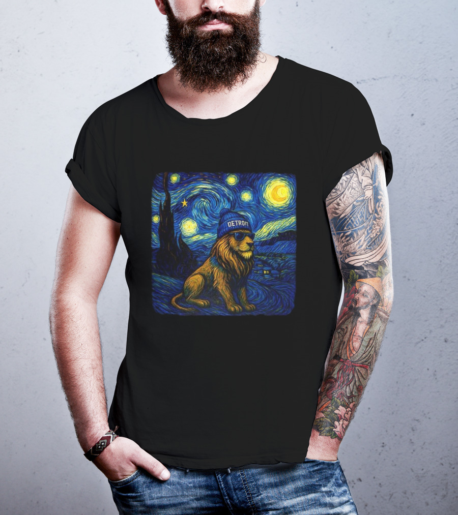 Detroit Lions Starry Night Van Gogh Style Lion With Beanie And Sunglasses T-Shirt