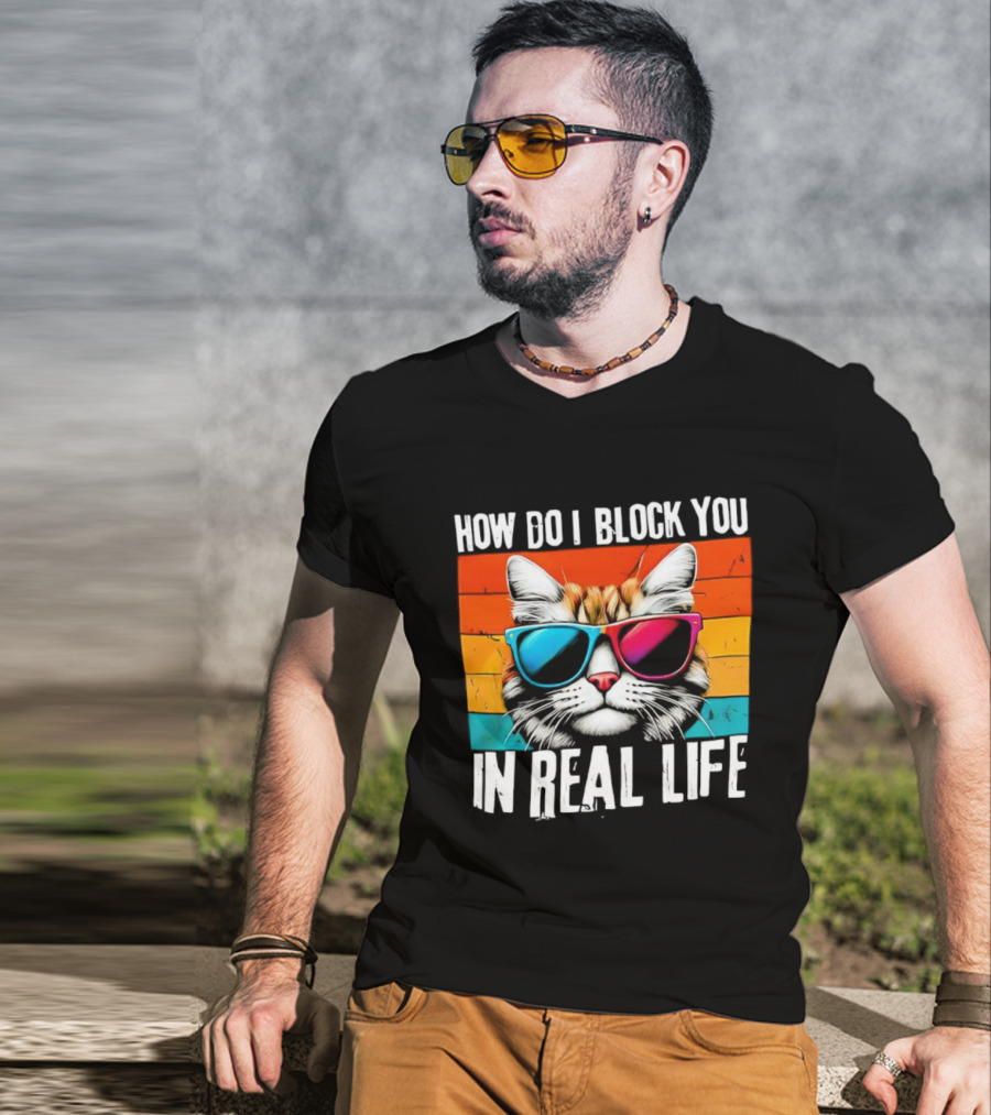 How Do I Block You In Real Life Cat Vintage Sunglasses Retro Stripes T-Shirt