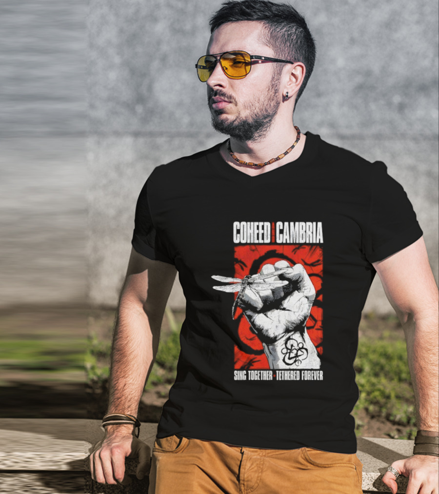 Coheed And Cambria Sing Together Tethered Forever Fist Symbol Red Background T-Shirt