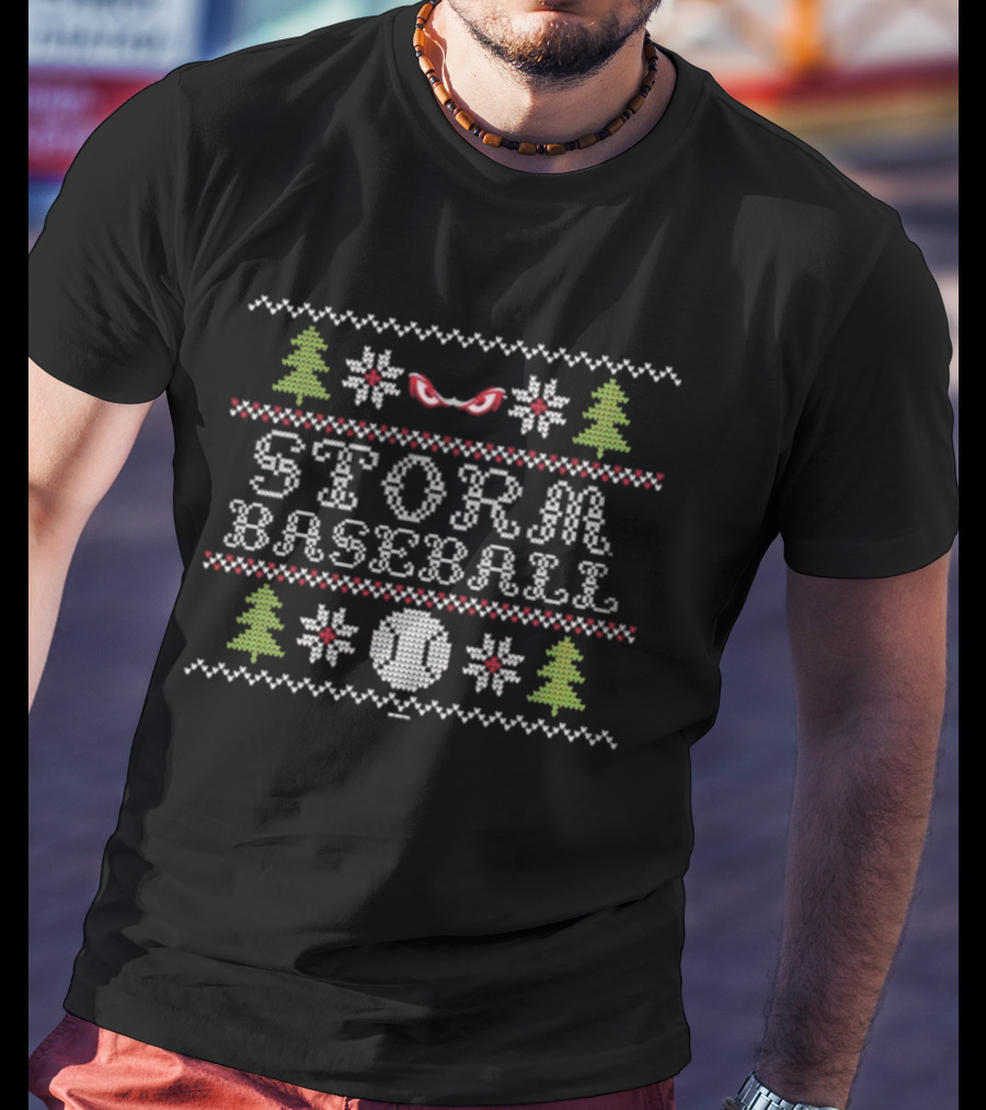 Lake Elsinore Storm Baseball Ugly Sweater Holiday Trees And Baseballs T-Shirt