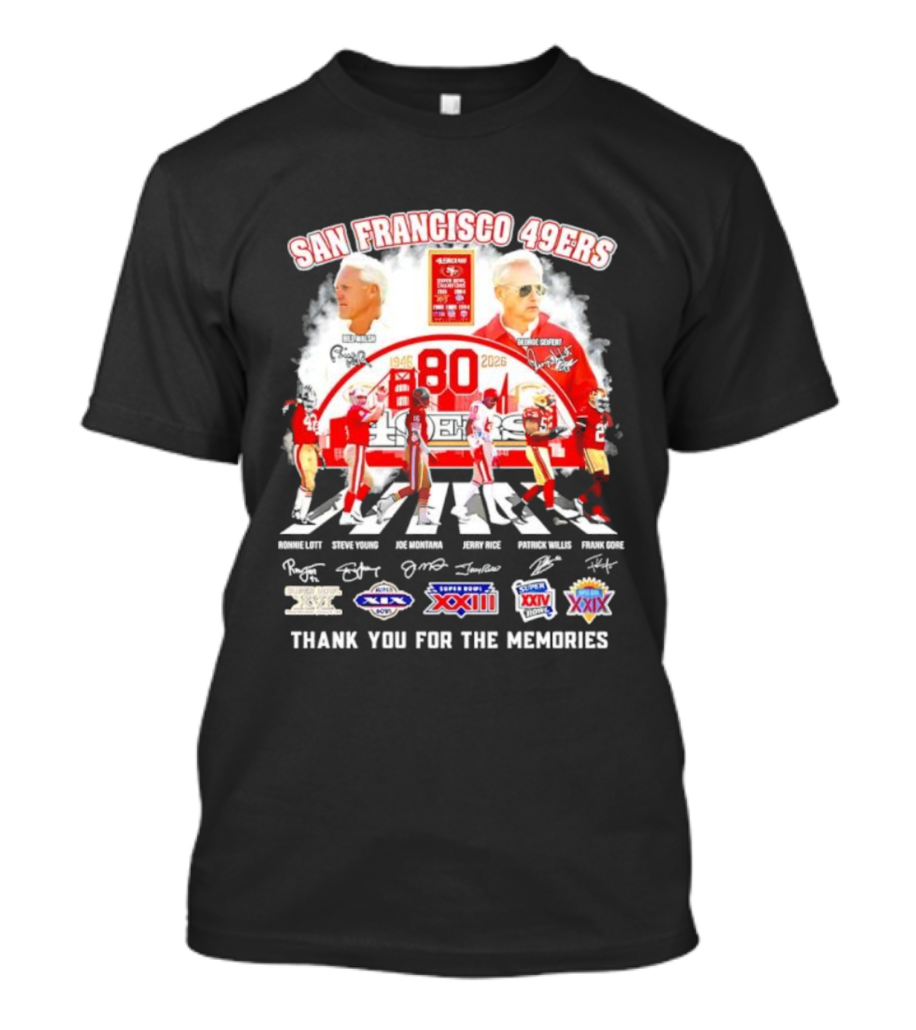 San Francisco 49ers 80 Years Two Coaches Players Signatures Super Bowl Memories T-Shirt