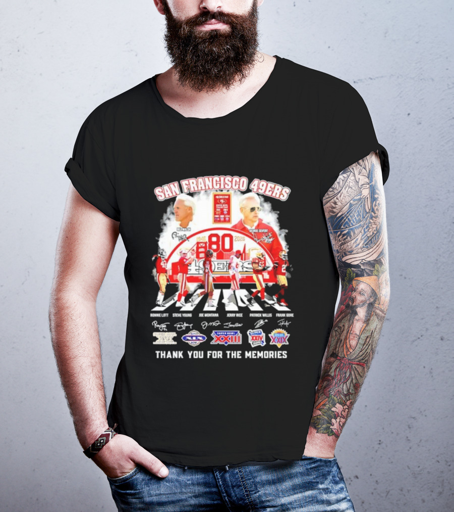 San Francisco 49ers 80 Years Two Coaches Players Signatures Super Bowl Memories T-Shirt