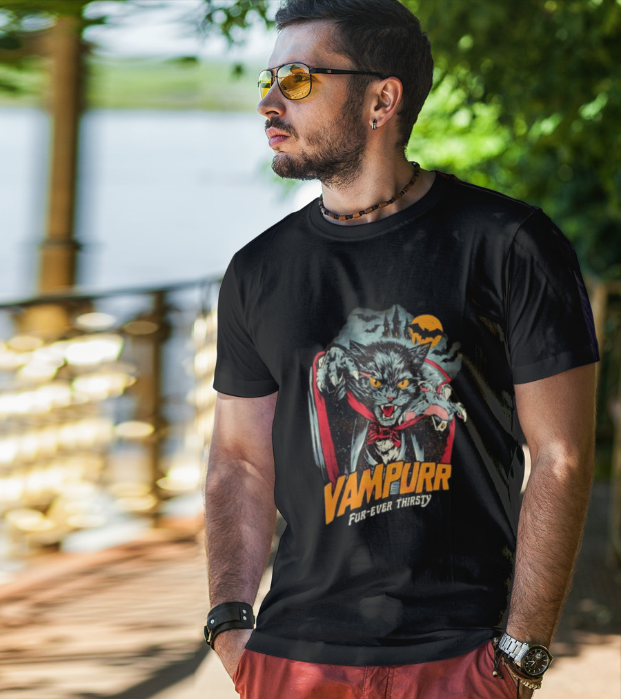 Vampurr Fur-Ever Thirsty Vampire Cat Halloween Moon Bats T-Shirt