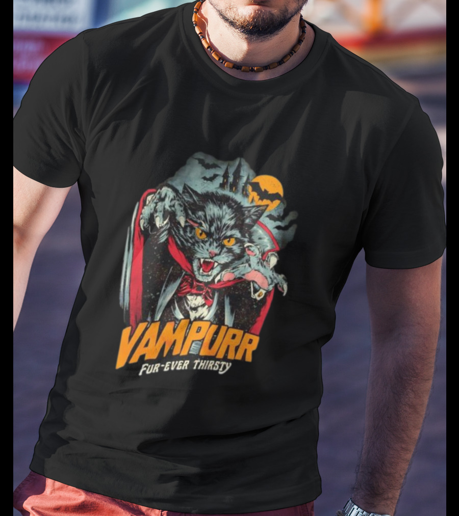 Vampurr Fur-Ever Thirsty Vampire Cat Halloween Moon Bats T-Shirt