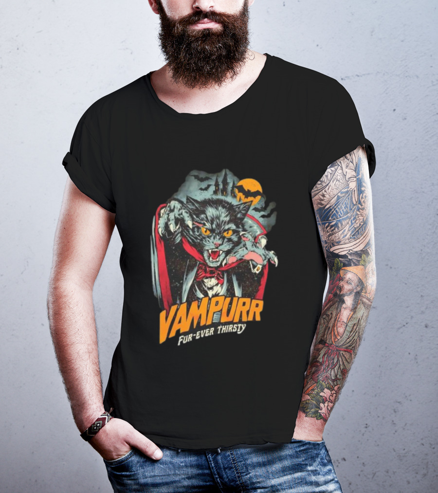 Vampurr Fur-Ever Thirsty Vampire Cat Halloween Moon Bats T-Shirt