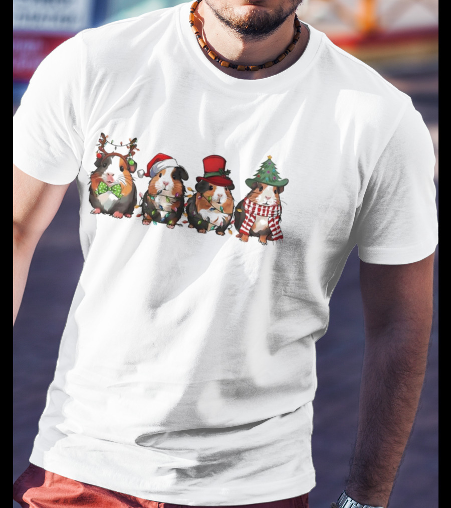 Guinea Pigs In Christmas Reindeer Santa Hats Tree Lights Holiday Theme T-Shirt