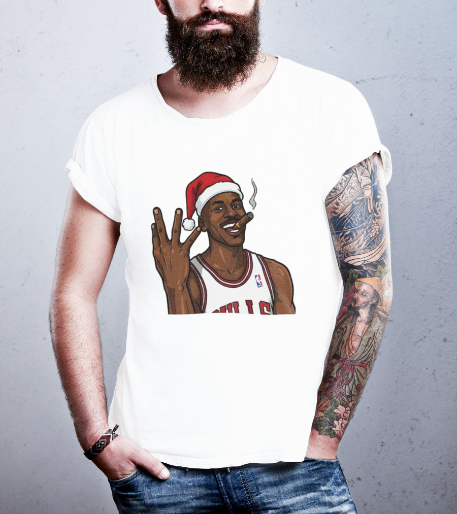 Michael Jordan Chicago Bulls Christmas Smoking Cigar Santa Hat T-Shirt