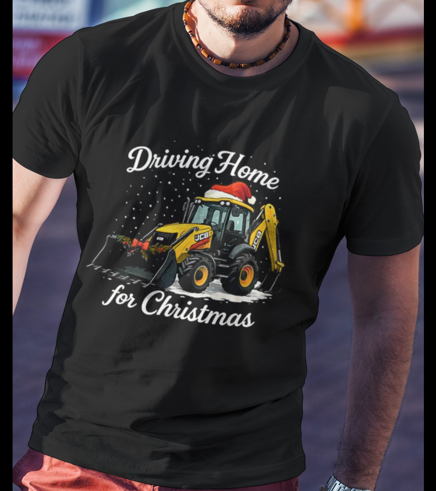 Driving Home For Christmas JCB Excavator Loader Santa Hat Snowfall Scene T-Shirt