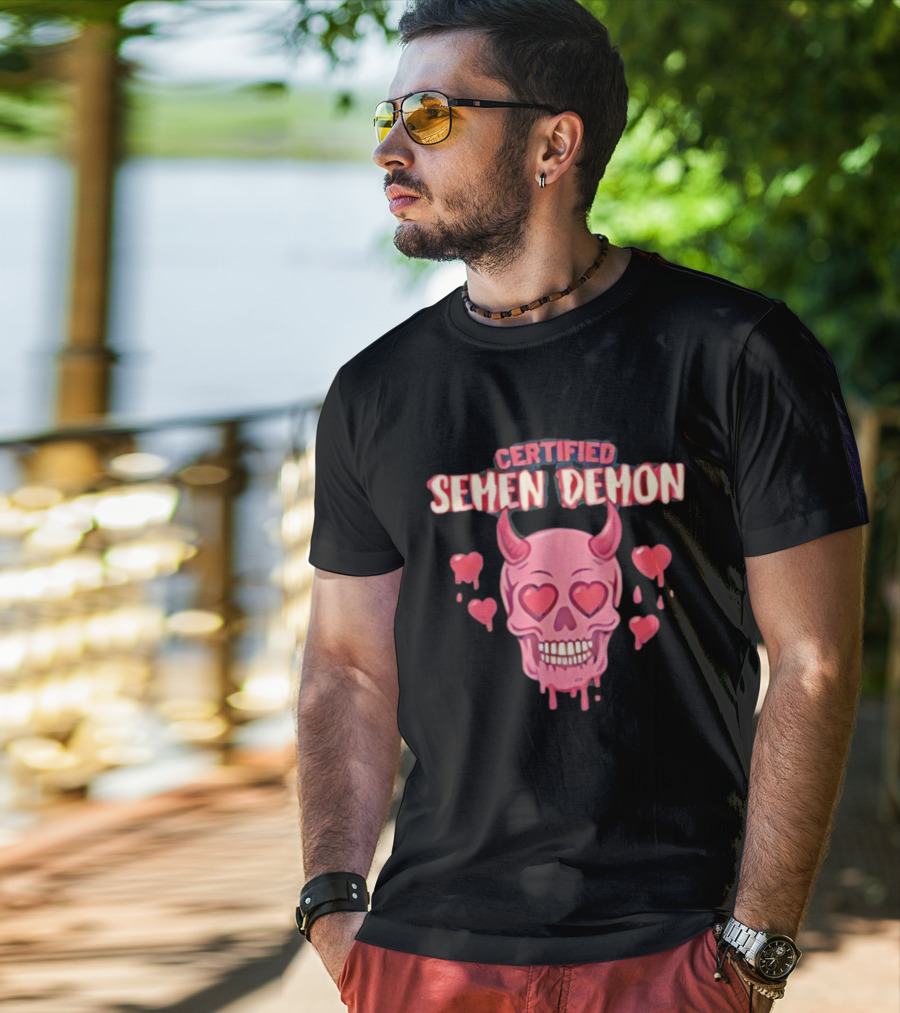 Certified Semen Demon Pink Skull With Heart Eyes And Horns T-Shirt