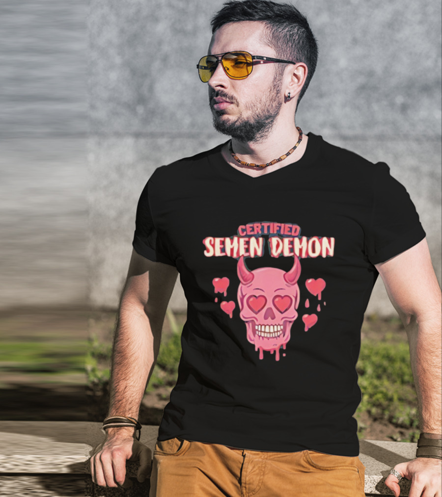 Certified Semen Demon Pink Skull With Heart Eyes And Horns T-Shirt