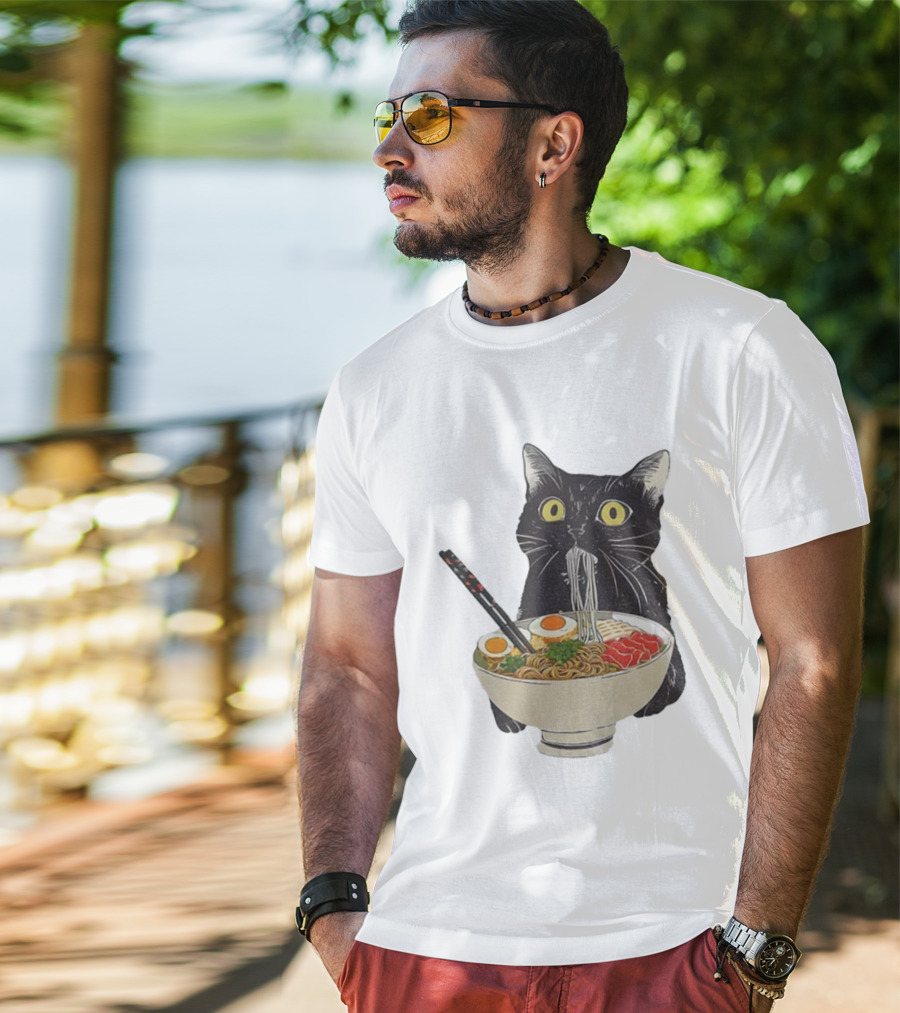 Black Cat Slurping Ramen With Chopsticks Japan Style T-Shirt