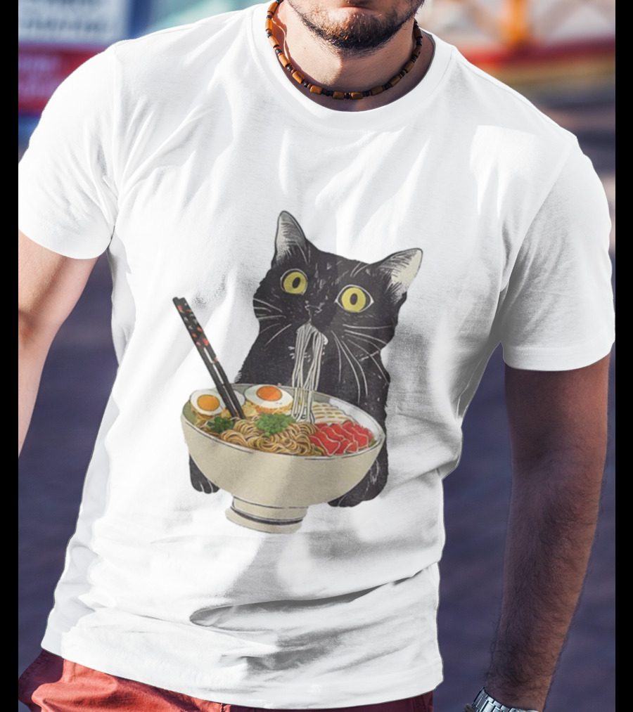 Black Cat Slurping Ramen With Chopsticks Japan Style T-Shirt