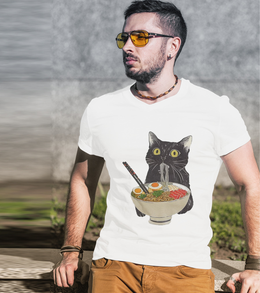 Black Cat Slurping Ramen With Chopsticks Japan Style T-Shirt