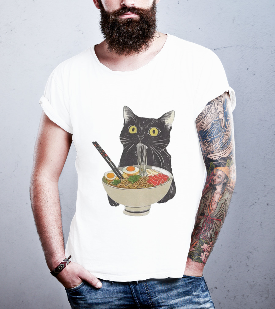 Black Cat Slurping Ramen With Chopsticks Japan Style T-Shirt