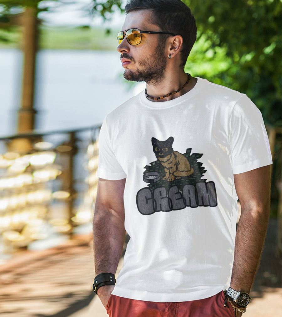 CREAM Cat Vintage Style With Bowl And Leafy Background T-Shirt
