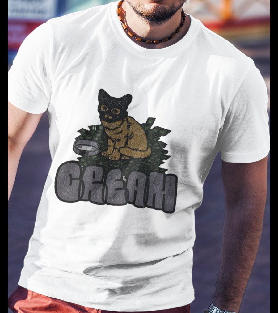 CREAM Cat Vintage Style With Bowl And Leafy Background T-Shirt