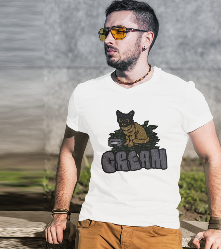 CREAM Cat Vintage Style With Bowl And Leafy Background T-Shirt