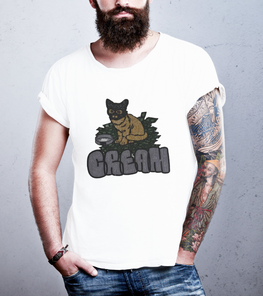 CREAM Cat Vintage Style With Bowl And Leafy Background T-Shirt