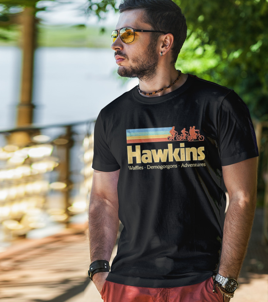 Hawkins Waffles Demogorgons Adventures Retro Stripe Bike Riders T-Shirt