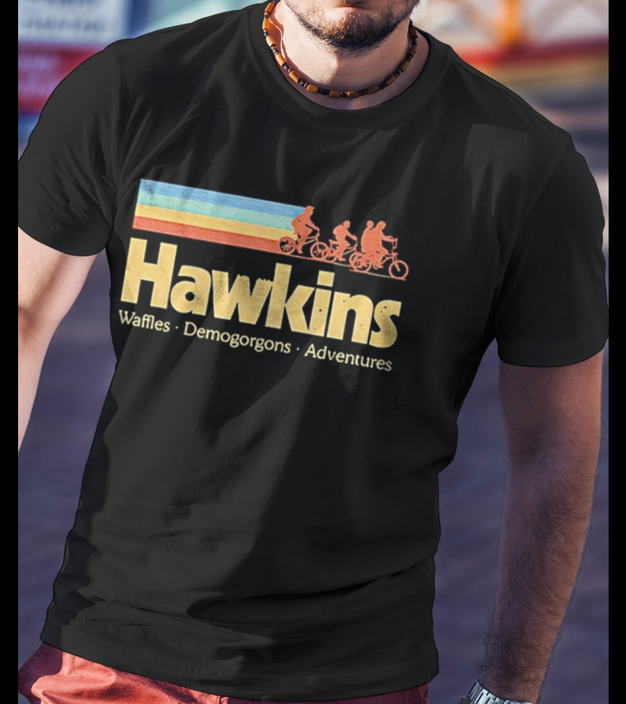 Hawkins Waffles Demogorgons Adventures Retro Stripe Bike Riders T-Shirt