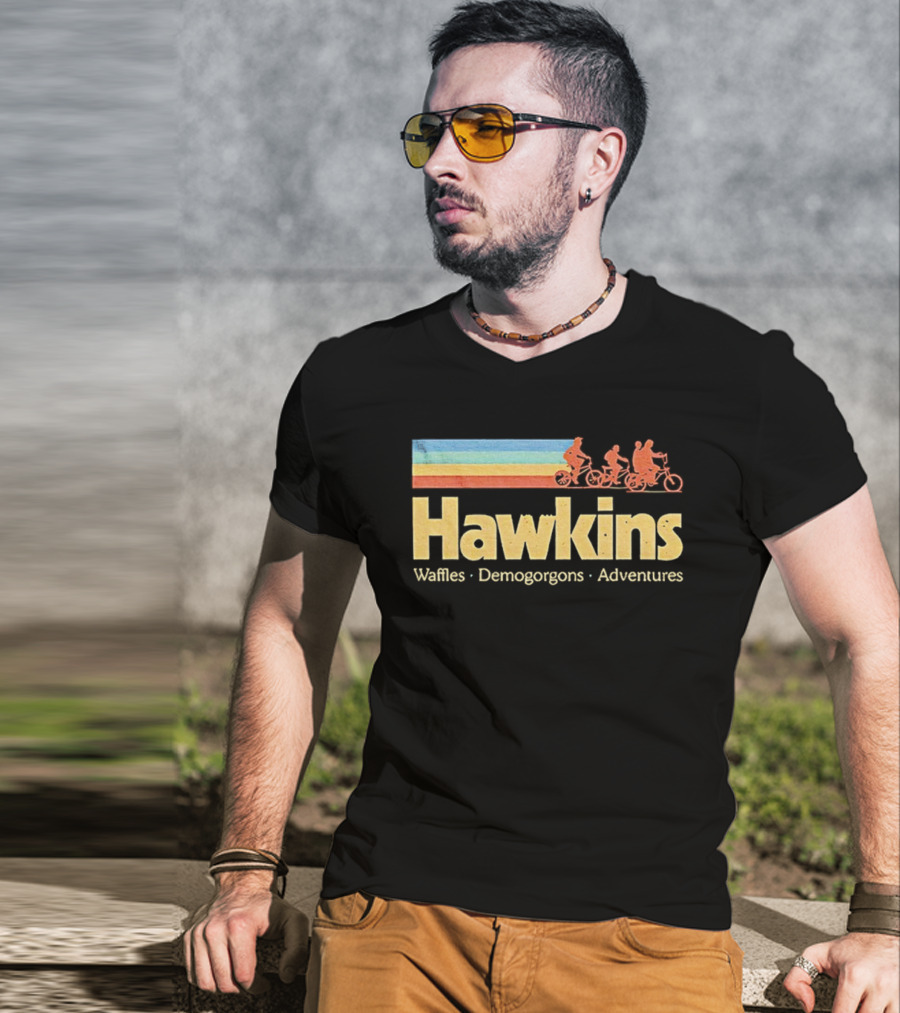 Hawkins Waffles Demogorgons Adventures Retro Stripe Bike Riders T-Shirt