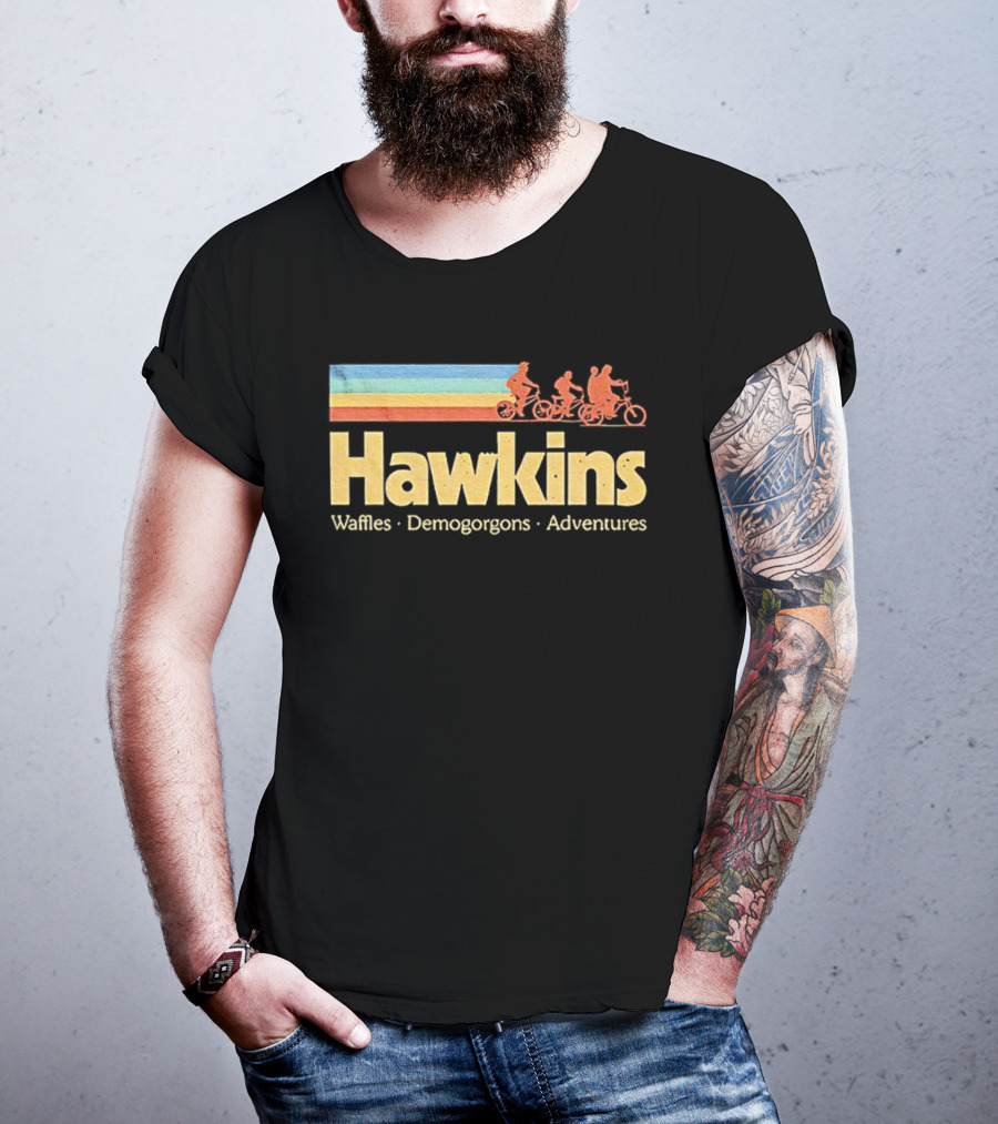 Hawkins Waffles Demogorgons Adventures Retro Stripe Bike Riders T-Shirt